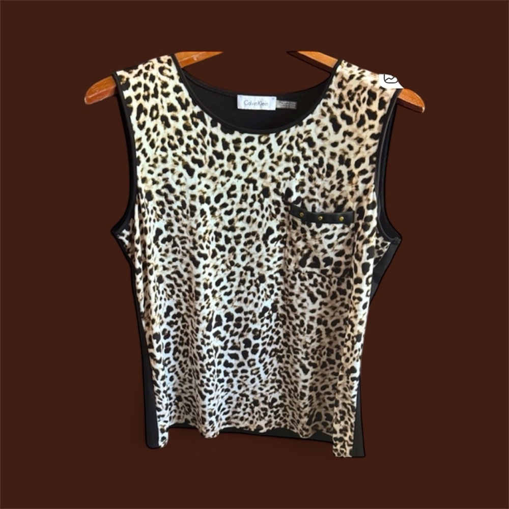 Calvin Klein Animal Studded Print Tank Top Women’s Size Large Edgy Cheetah Spots